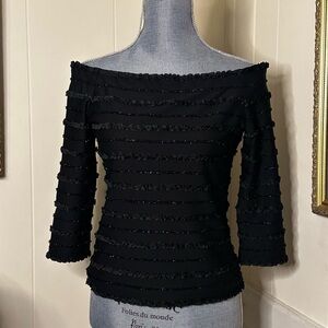 Vintage 1990’s Cattiva Black Ruffle Mod Striped Sparkle Off-Shoulder Top
